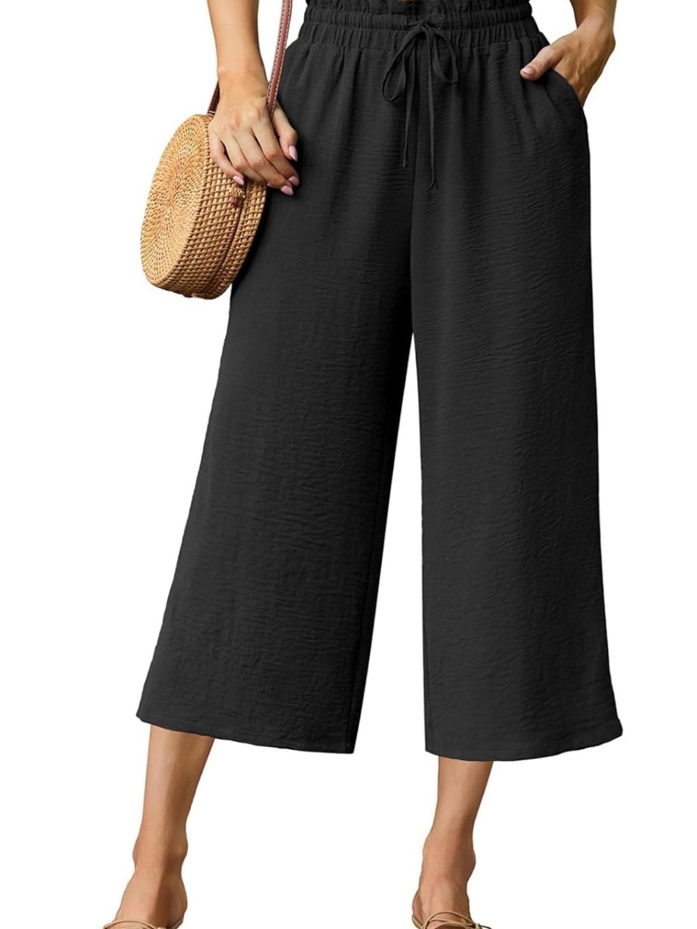 Wide-Leg Crop Pants Black Elastic Waist Lightweight Size Meduim